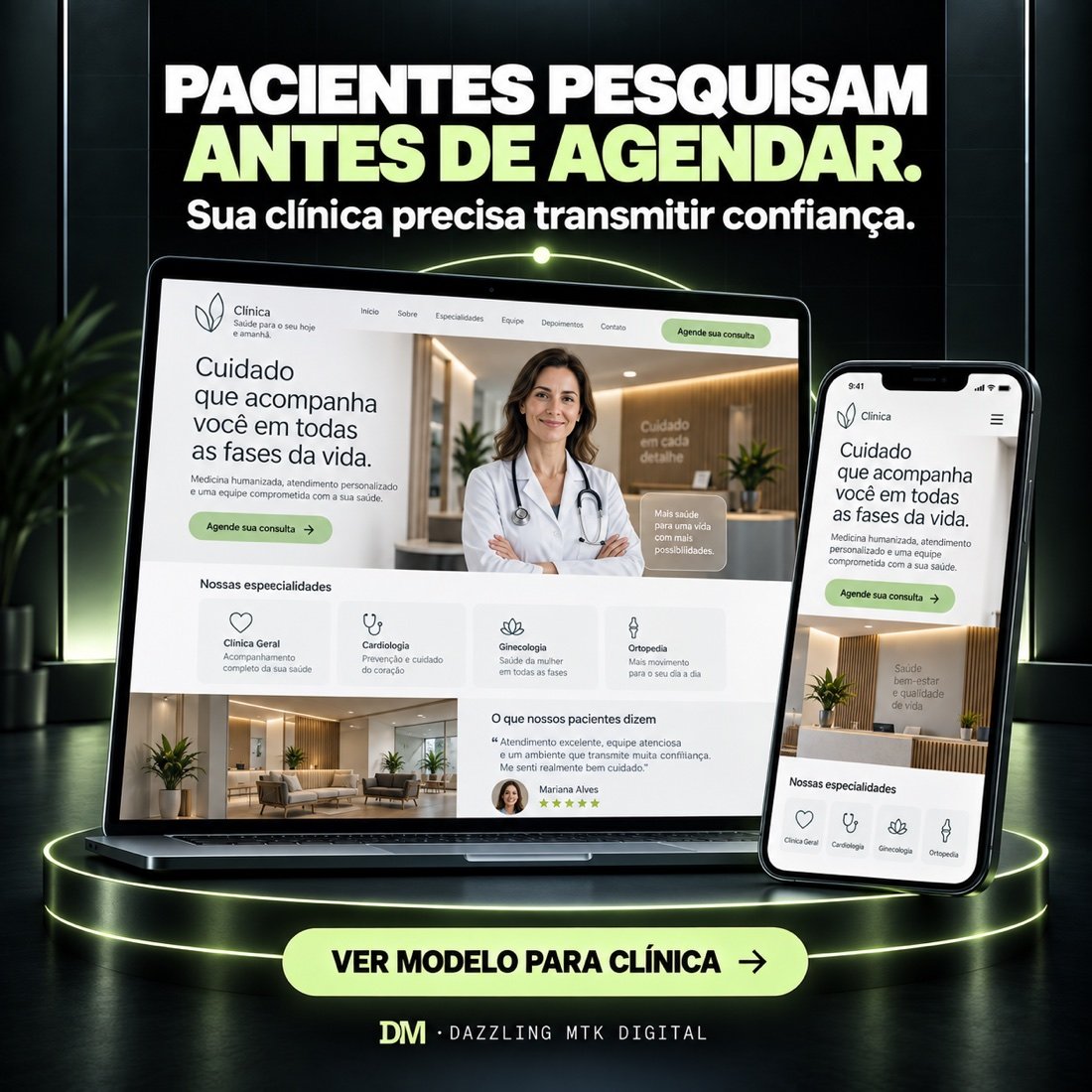 Modelo realista de site para clínica, exibido em notebook e celular
