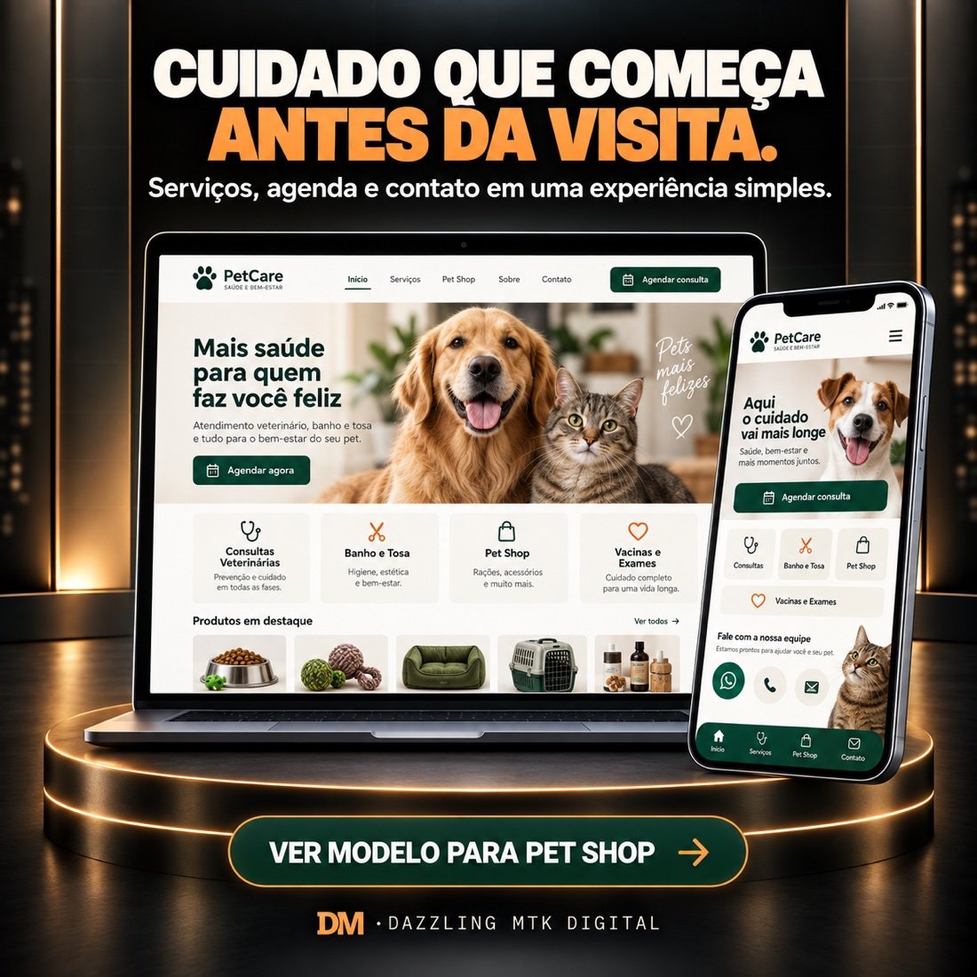 Modelo realista de site para pet shop e clínica veterinária
